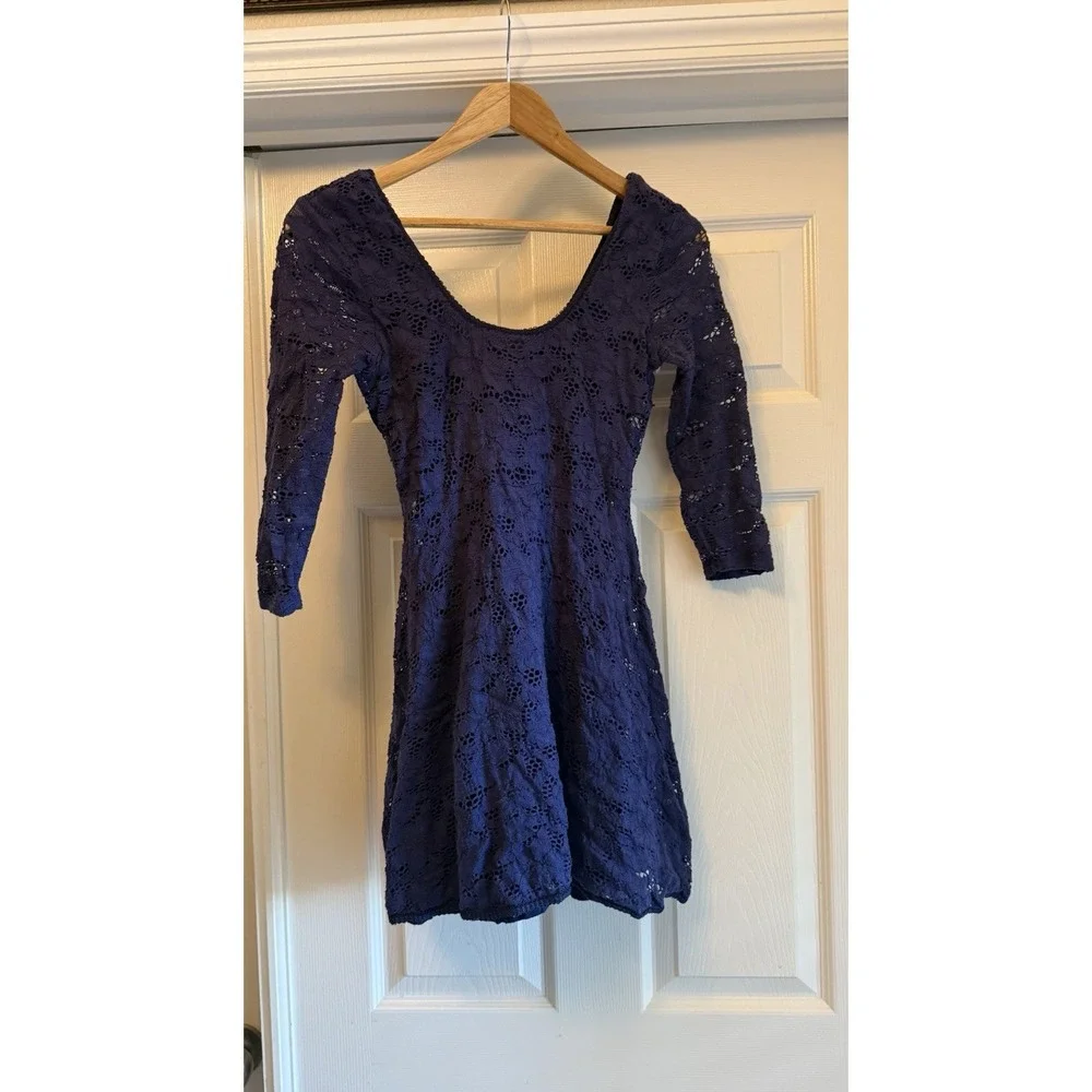 Free People Lace Mini Dress Womens XS Purple 3/4 Sleeve Scoop Neck Boho Floral